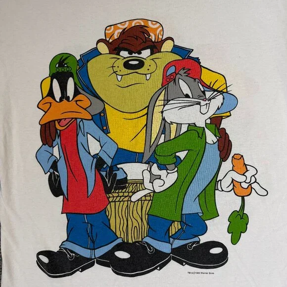 Vintage 1993 White Looney Tunes Hip-Hop XL Graphic T-Shirt- Taz Bugs Daffy -GUC - Picture 2 of 11